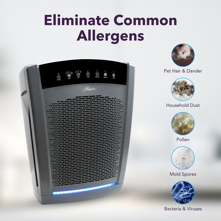 Air purifier with features to eliminate common allergens on a light background