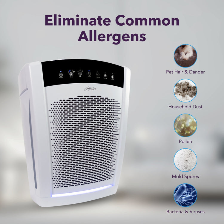 Air purifier with text 'Eliminate Common Allergens' and images of allergens on a gray background