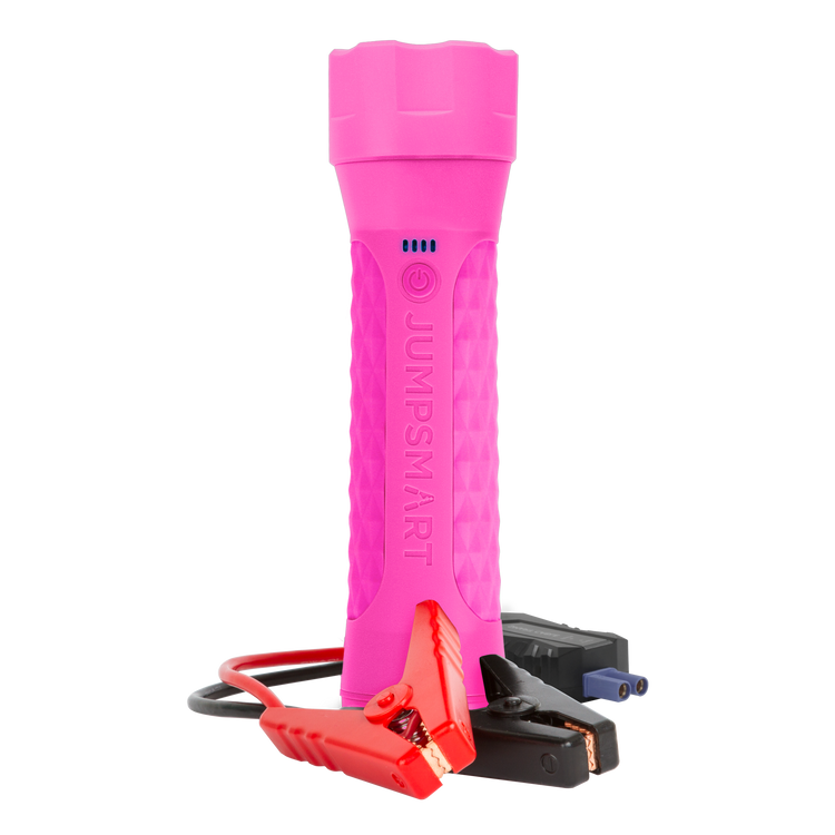 Pink jump starter device with clamps on a white background