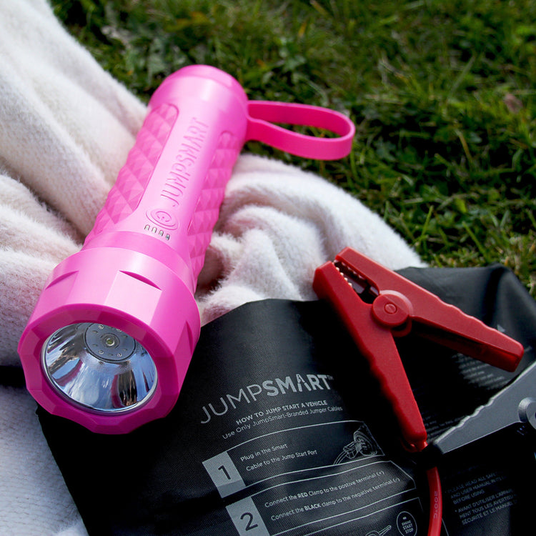 Pink flashlight on a Jumpstart device with grass in the background