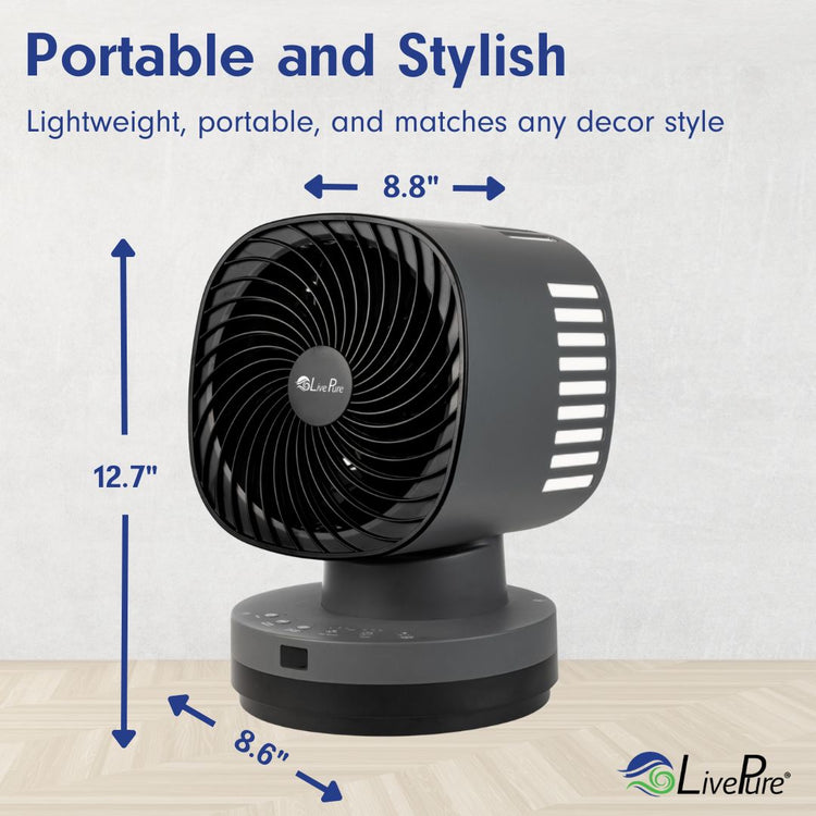 Black portable fan with dimensions labeled on a light gray background