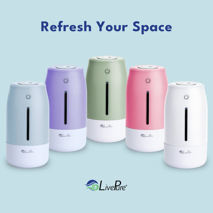 Five colorful humidifiers on a light blue background with 'Liveture' branding.