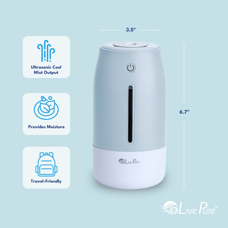 White ultrasonic humidifier with dimensions and features on a light blue background