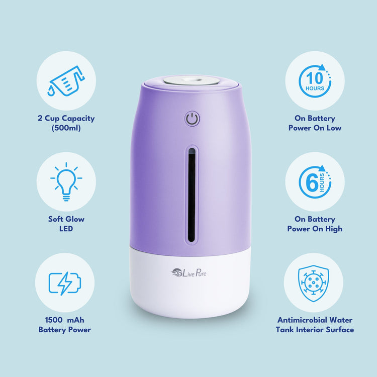 Purple and white humidifier with features listed on a light blue background