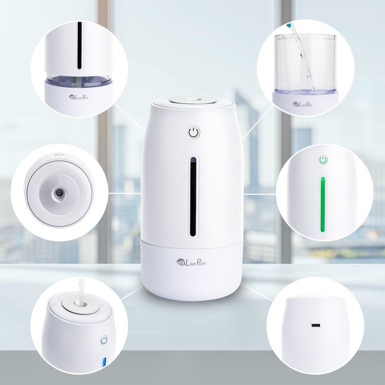 White humidifier with various features highlighted on a blurred window background