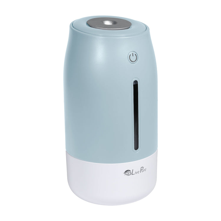 Light blue humidifier with white base on a white background