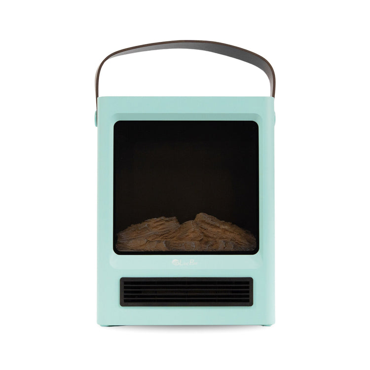 Portable electric fireplace with teal exterior and black interior on a white background