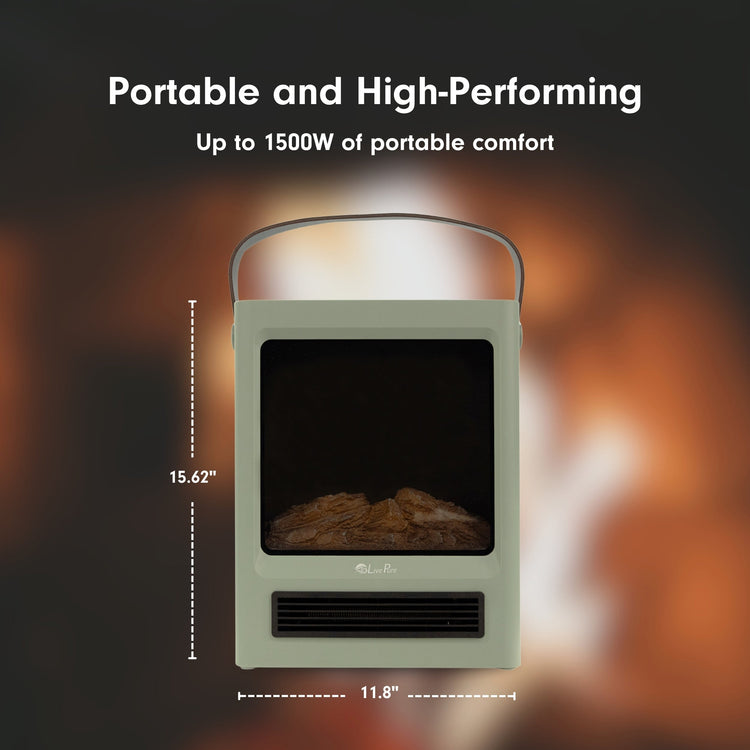 Portable heater with dimensions and text about power and comfort on a dark background