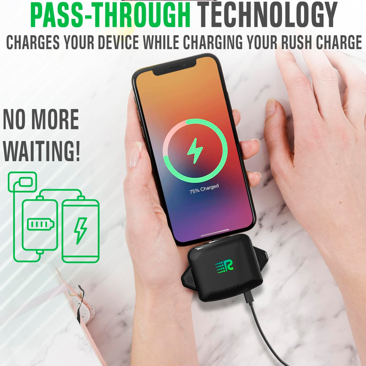 Person holding a smartphone with a charging device, text about pass-through technology.