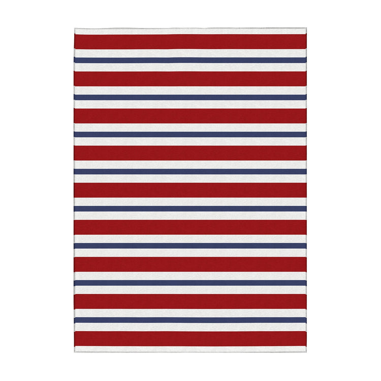 Rectangular rug with red, white, and blue horizontal stripes on a white background