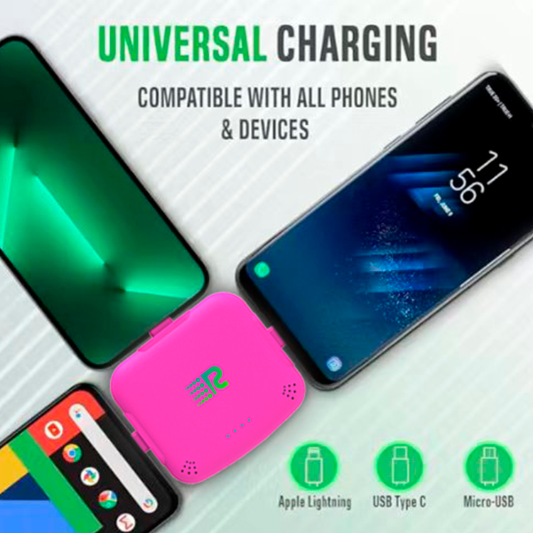 Universal charging device compatible with multiple phones on a light gray background