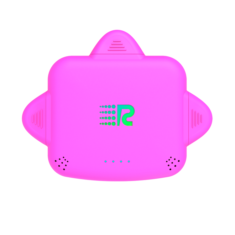 Pink electronic device with a logo on a white background