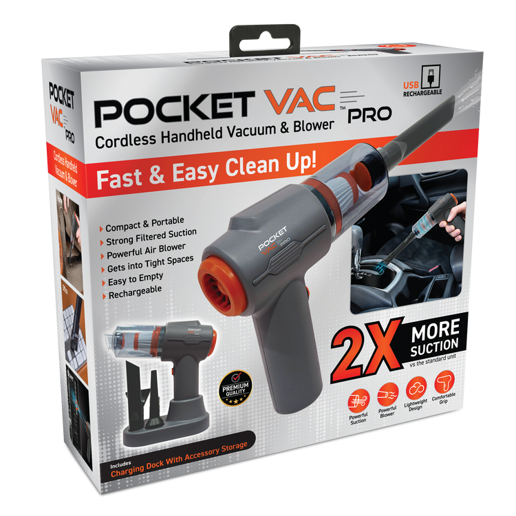 Pocket Vac Pro cordless handheld vacuum and blower packaging on a white background
