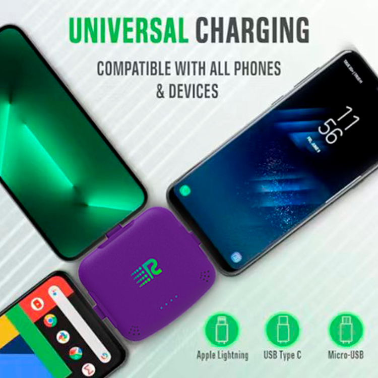 Purple charging device with text 'Universal Charging Compatible with All Phones & Devices' on a white background.
