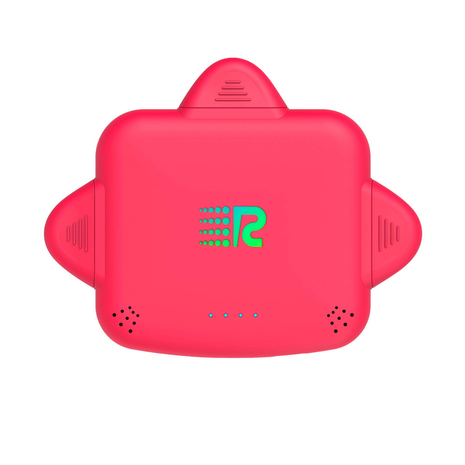 Red electronic device with a logo on a white background