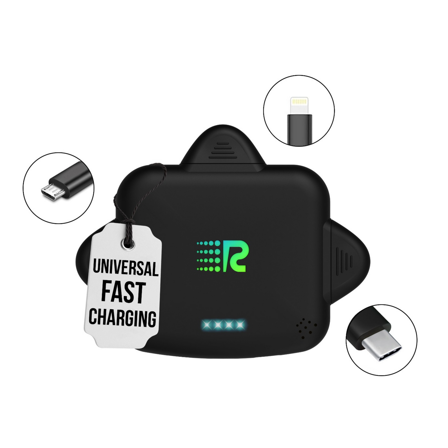 Black charging adapter with 'Universal Fast Charging' tag and multiple connector illustrations on a white background