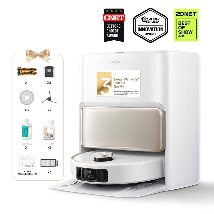 Robotic vacuum cleaner with accessories and certification badges on a white background