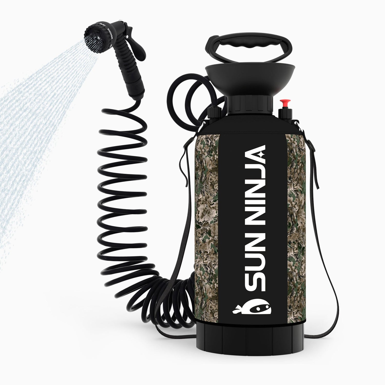 Black and camouflage-patterned spray bottle with coiled hose on a white background