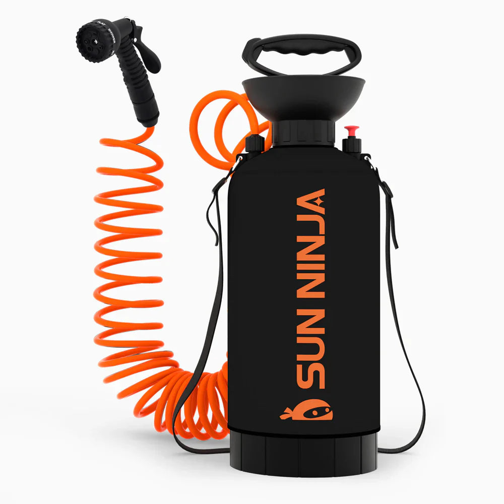 Black spray bottle with orange coiled hose and nozzle, branded 'SUN NINJA', on a white background.
