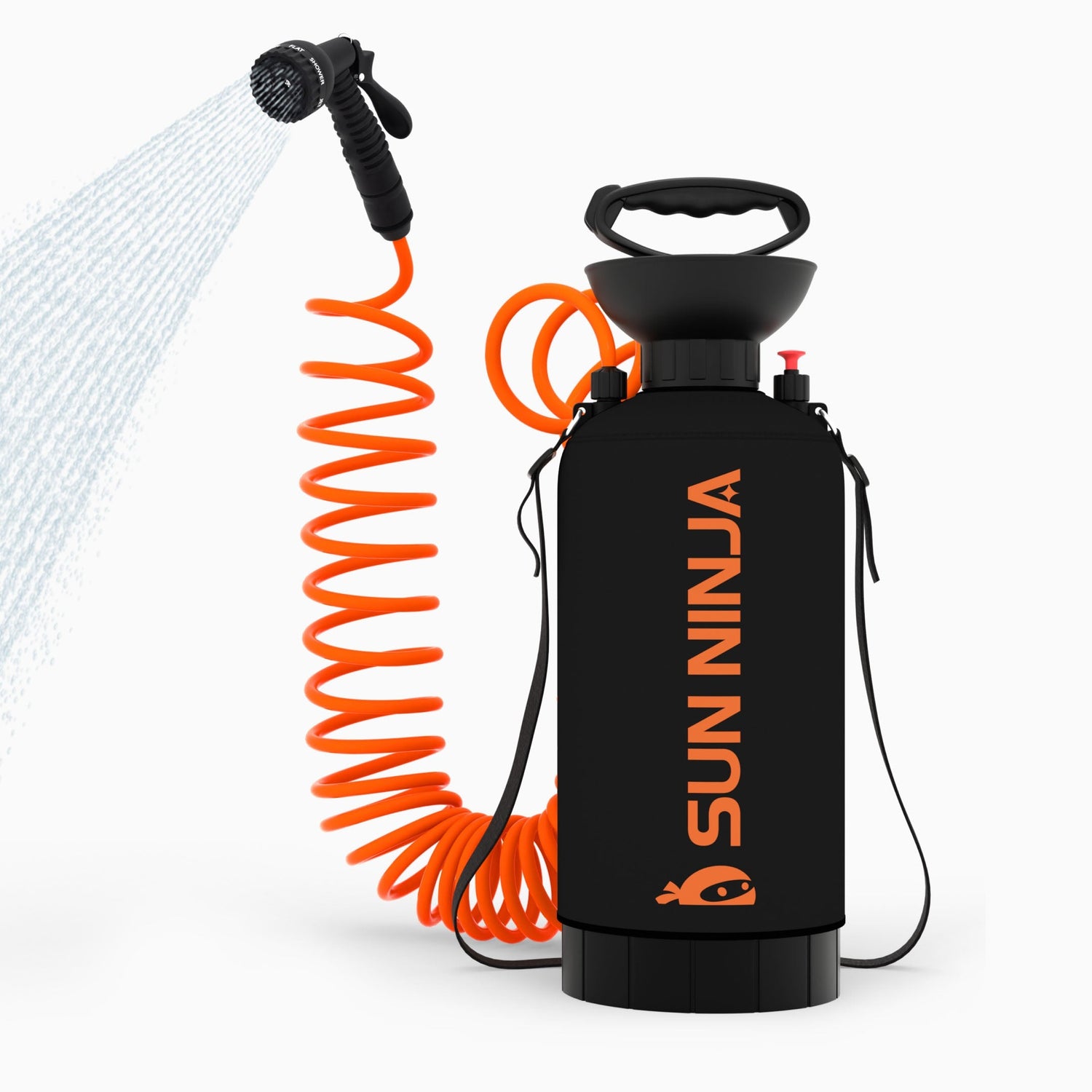 Black spray bottle with orange coiled hose and nozzle, featuring the brand 'Sunniva'.