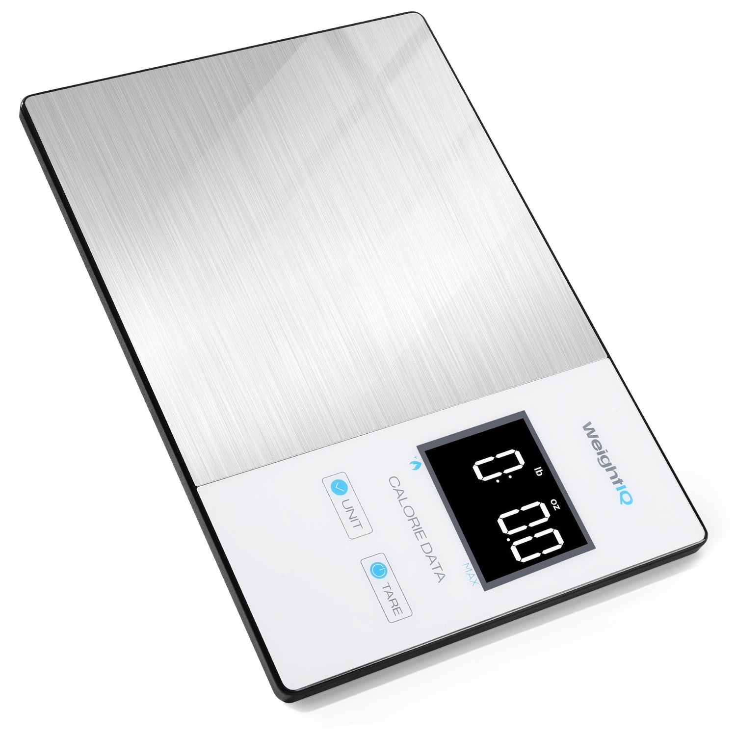 Digital kitchen scale with metallic finish on a white background