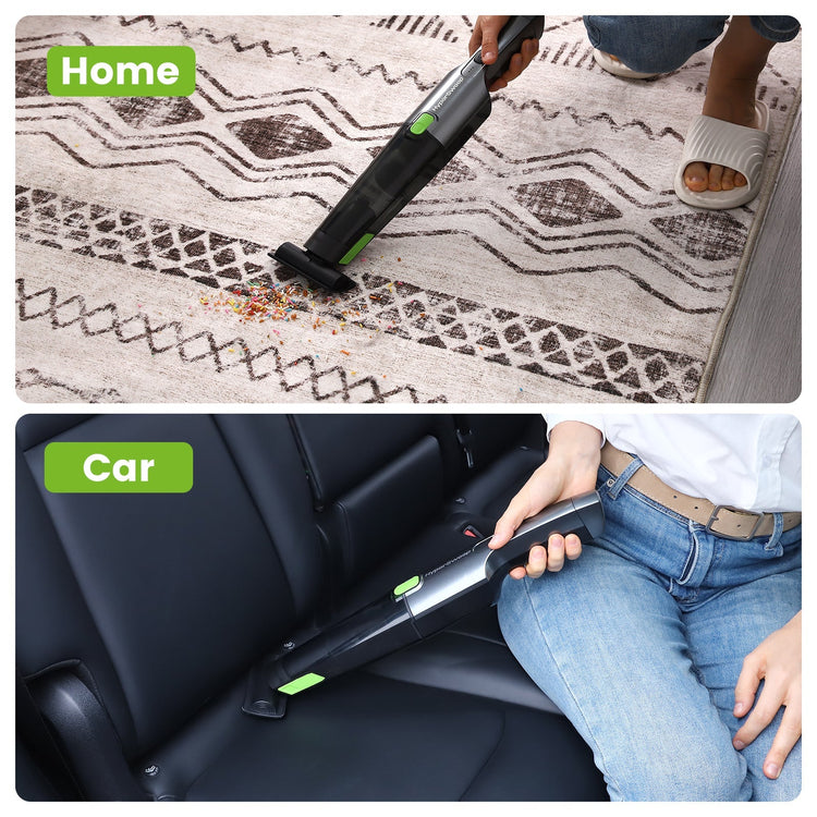 Handheld vacuum cleaning a carpet and car interior, with 'Home' and 'Car' labels.
