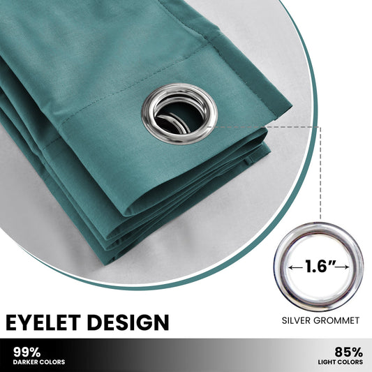 Teal curtains hanging in a room with a plant and table.