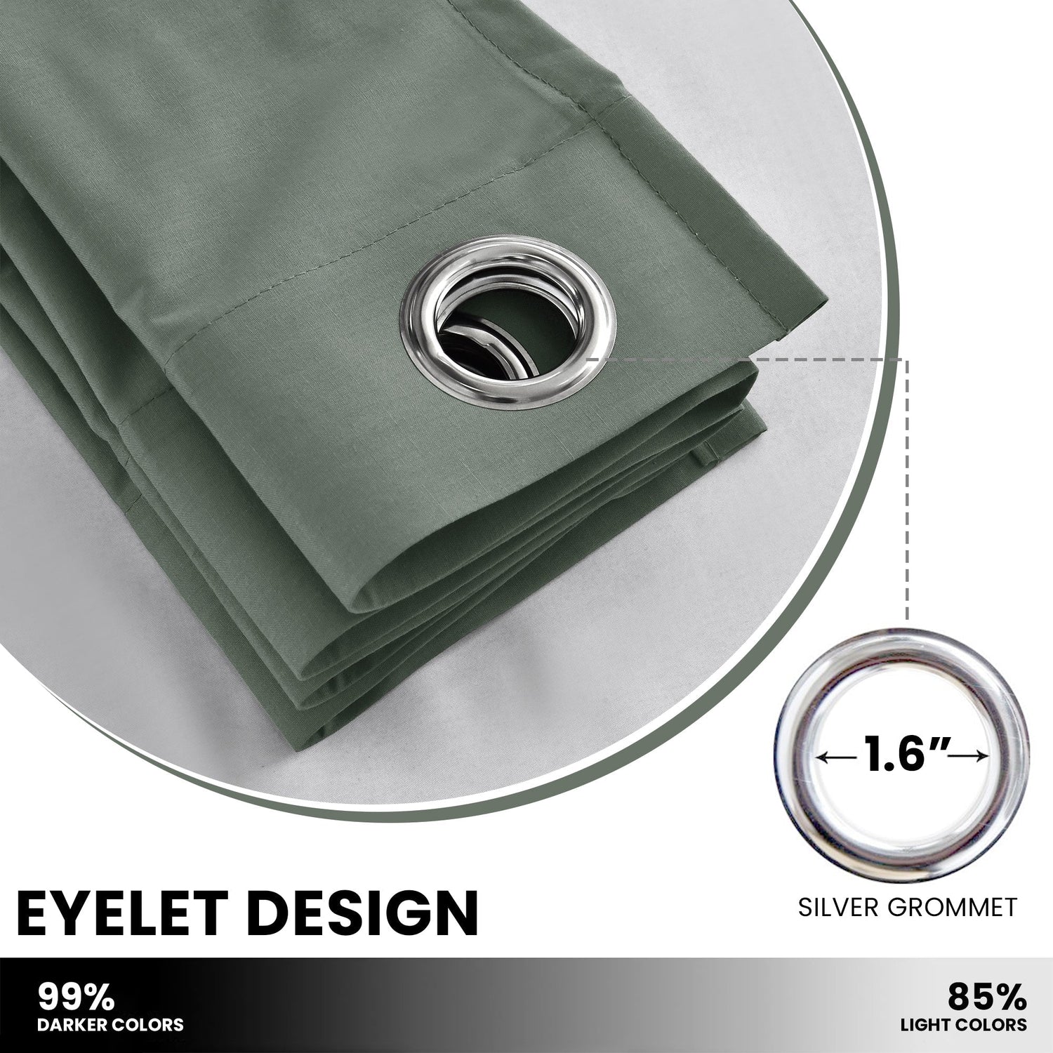 Green fabric with silver grommet on a white background