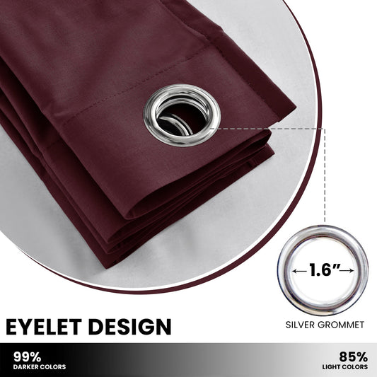 Maroon curtains with grommets on a window, with a plant and table in the foreground.
