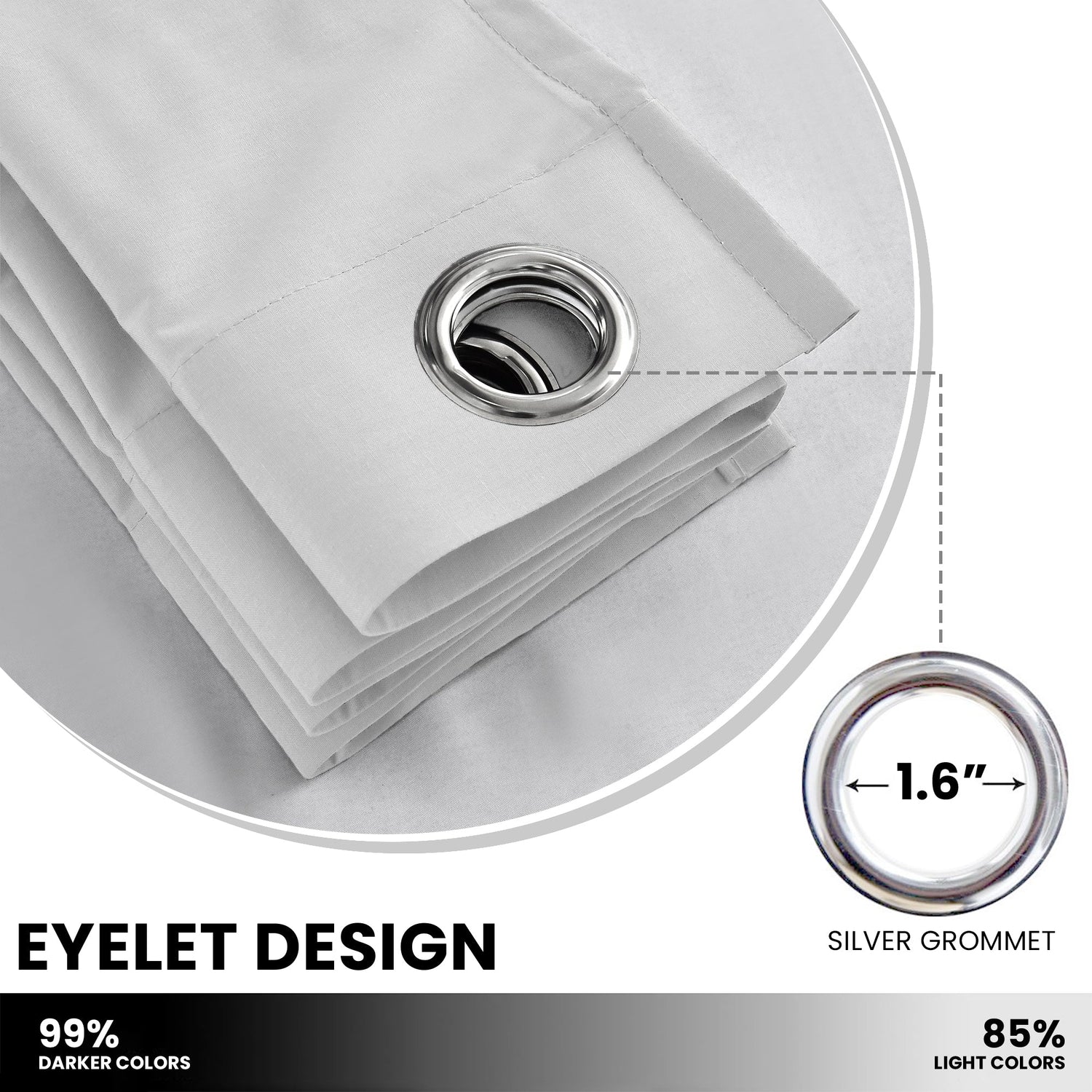 White curtain with silver grommet on a white background