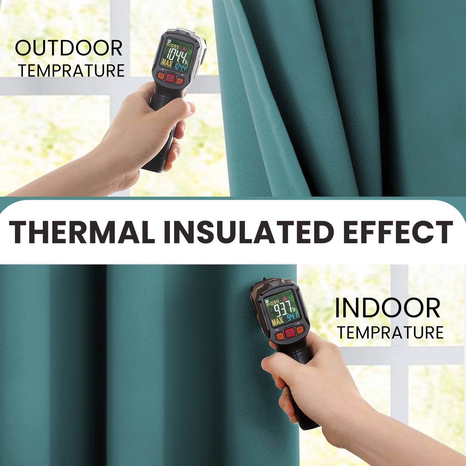 Thermal insulation effect comparison with temperature gauges showing outdoor and indoor temperatures through curtains.
