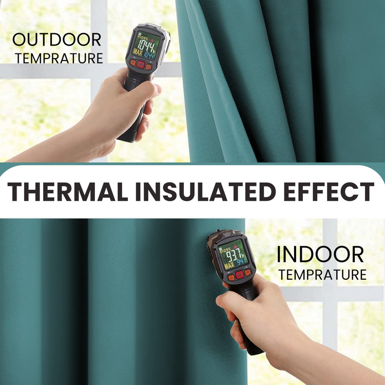 Thermal insulation effect comparison with temperature gauges showing outdoor and indoor temperatures through curtains.