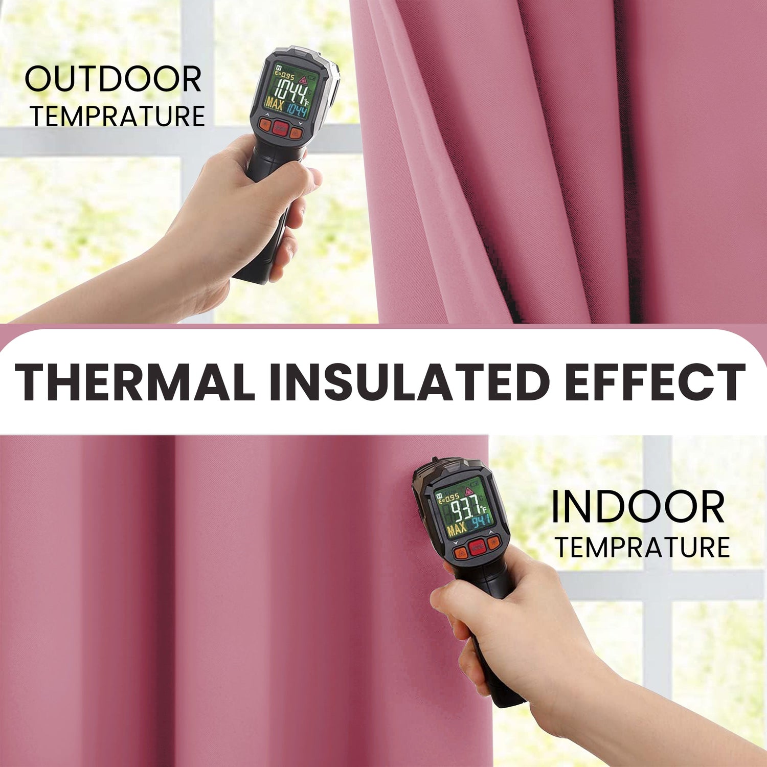 Thermal imaging of a pink curtain showing temperature difference between outdoor and indoor.