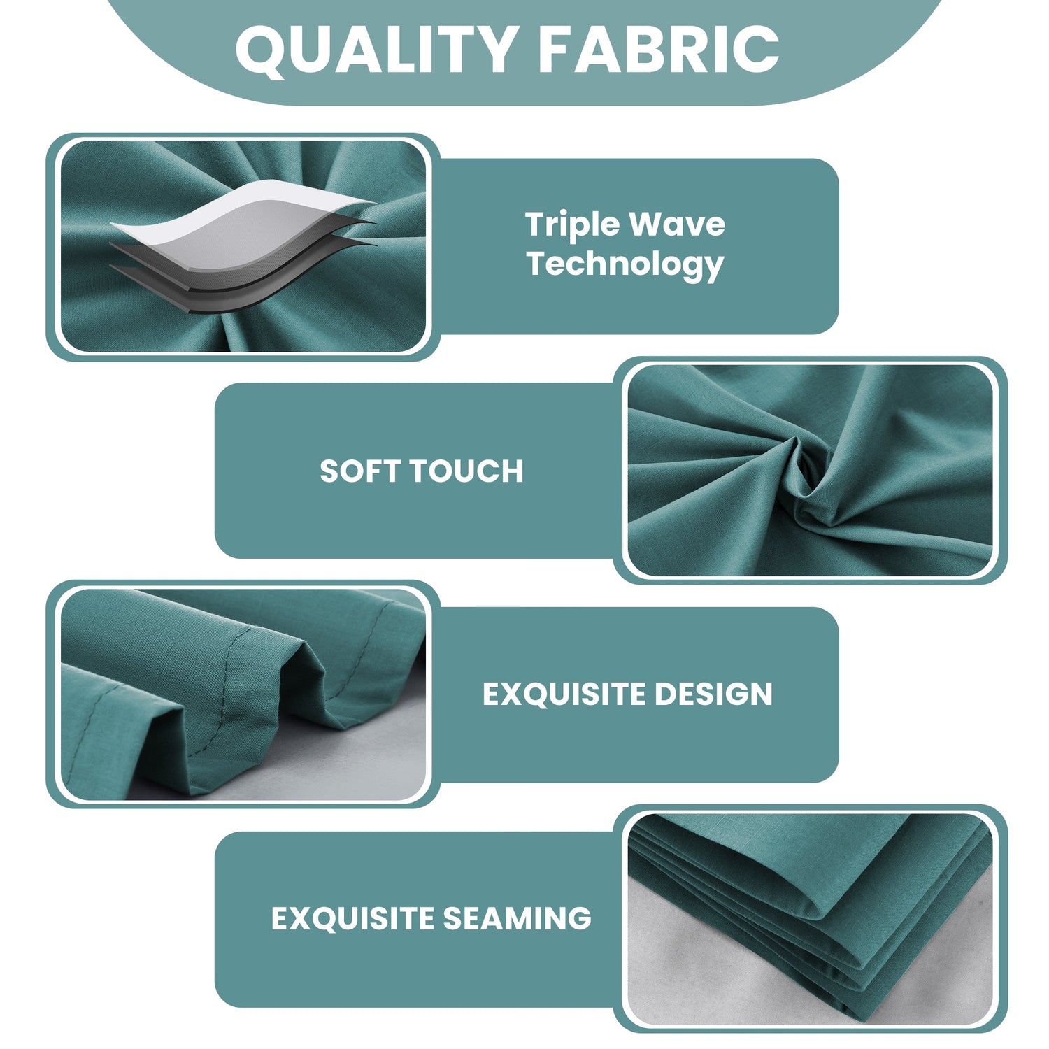 Quality fabric features with images and text on a white background