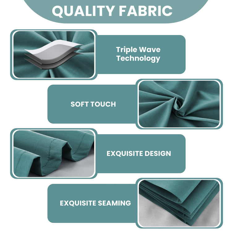 Quality fabric features with images and text on a white background