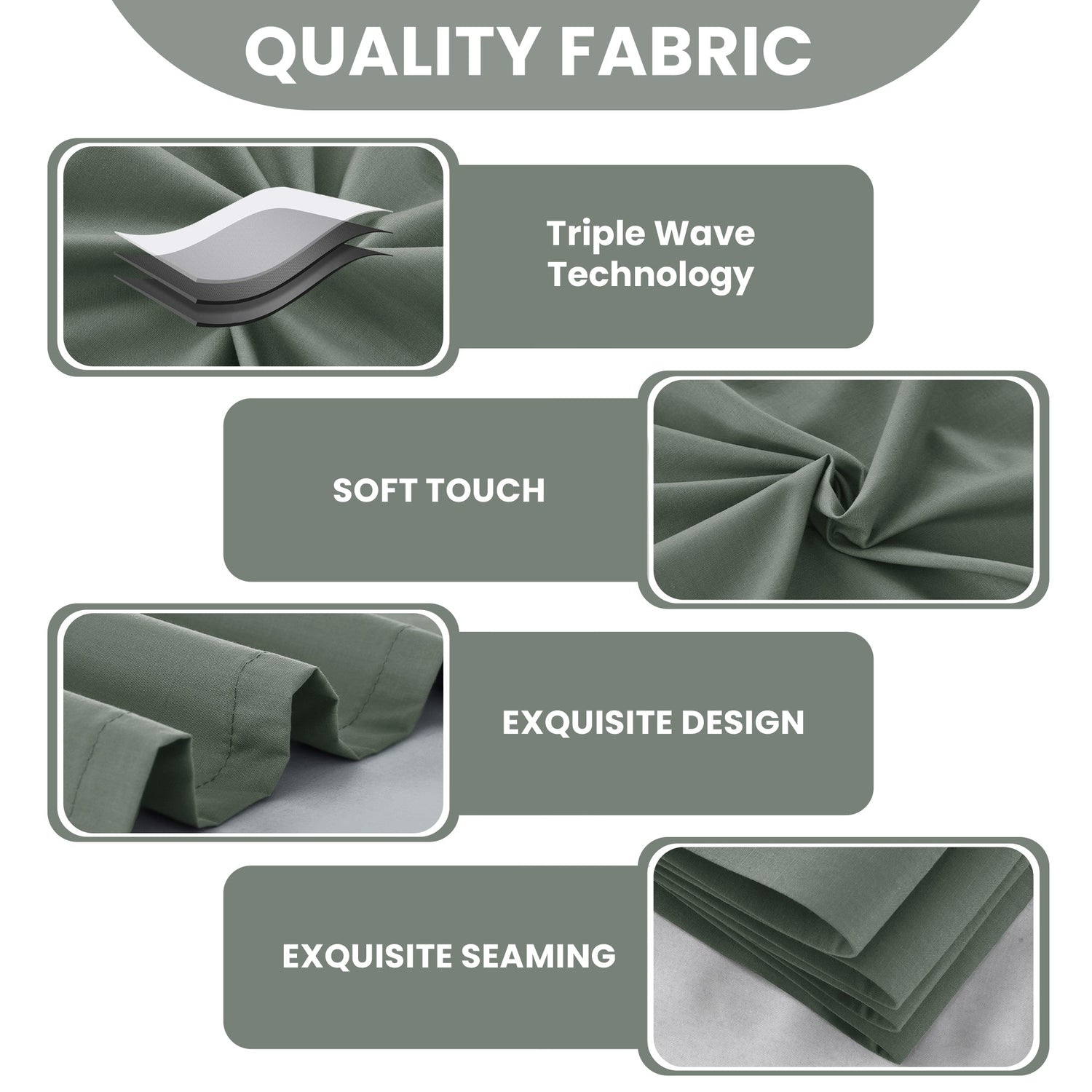 Quality fabric features with text and fabric samples on a gray background