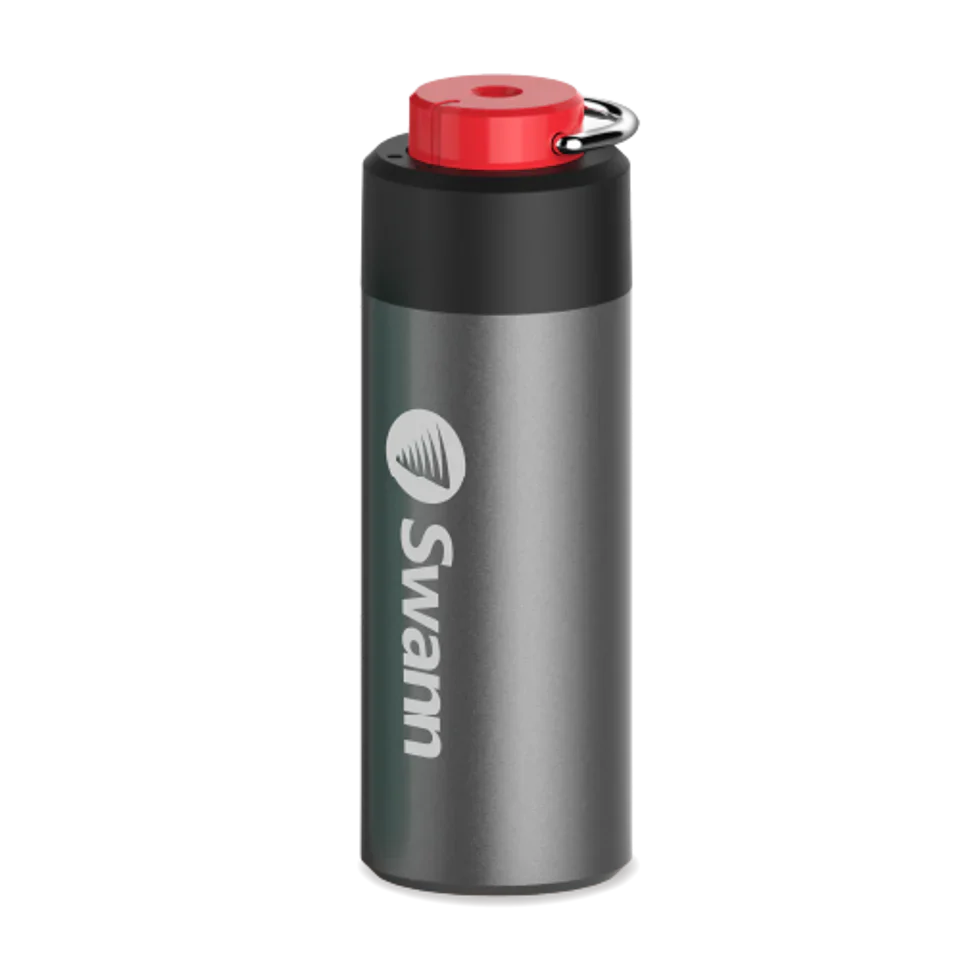 Gray water bottle with red cap and Swell logo on a white background