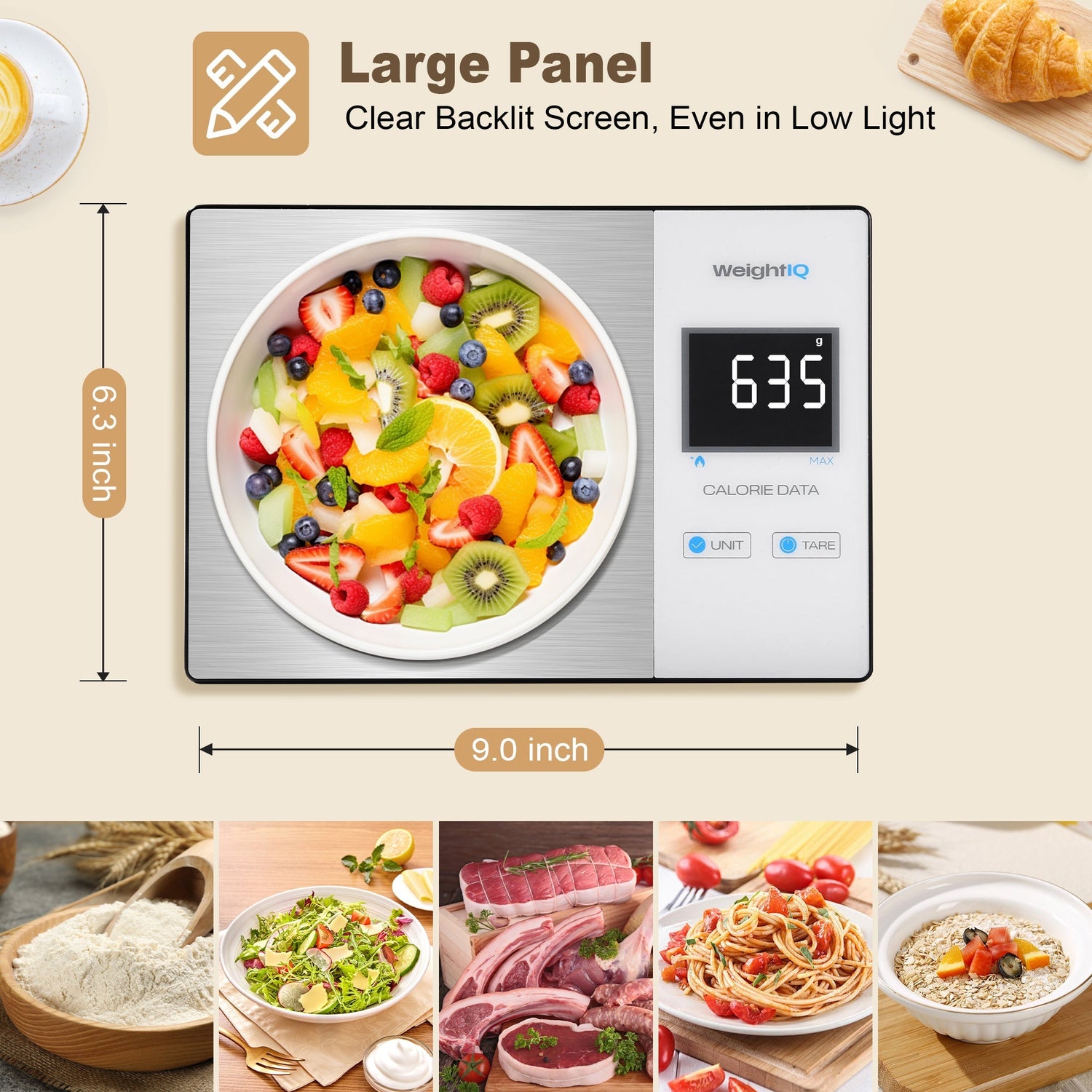 Digital kitchen scale with fruit salad on a plate, showing weight measurement, on a light beige background.
