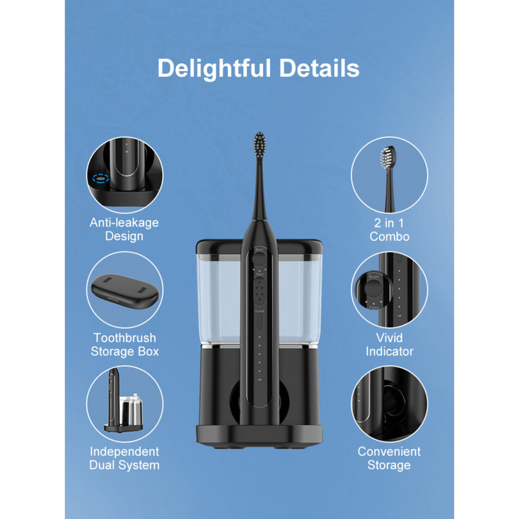 Black electric toothbrush with storage box on a blue background with feature icons.