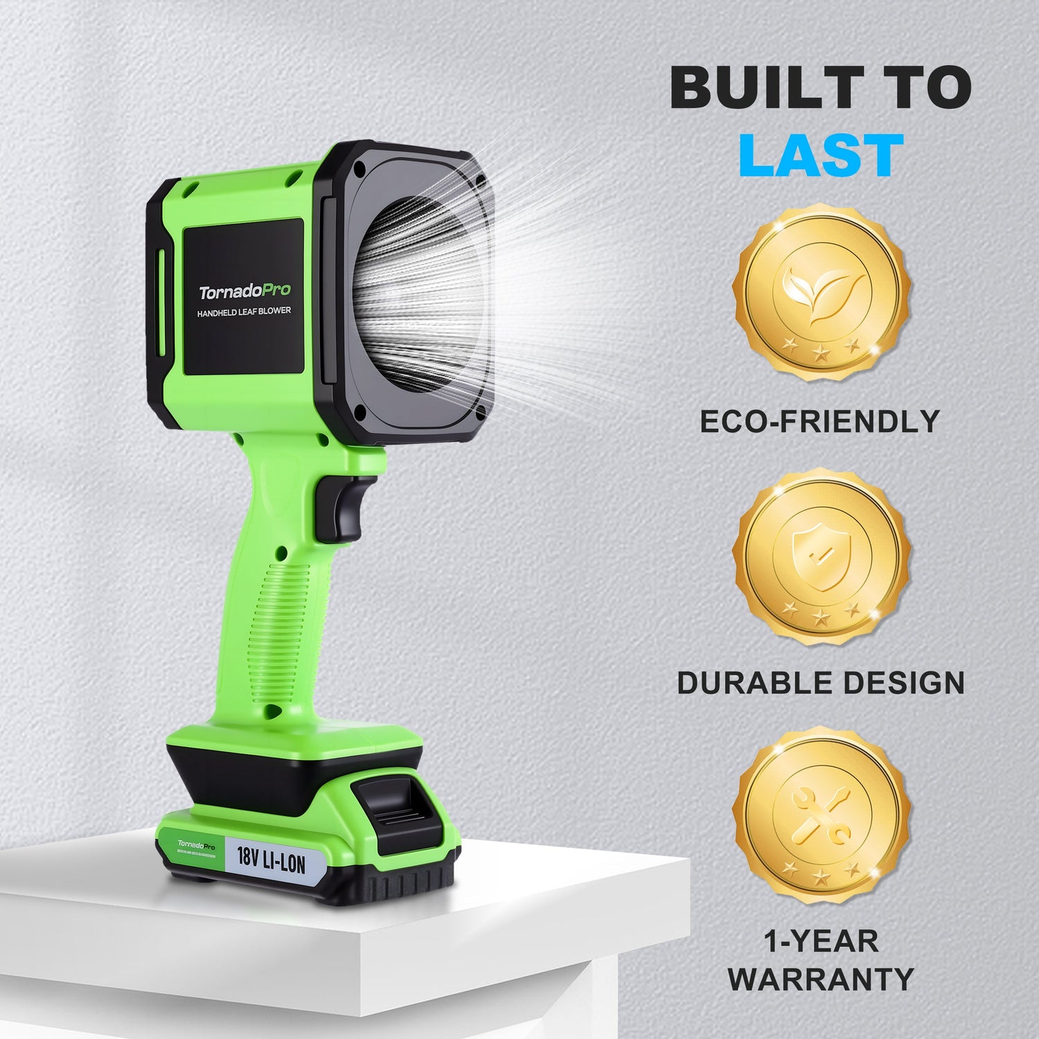 Green cordless work light with 'TornadoPro' branding on a gray background, featuring eco-friendly, durable design, and one-year warranty icons.