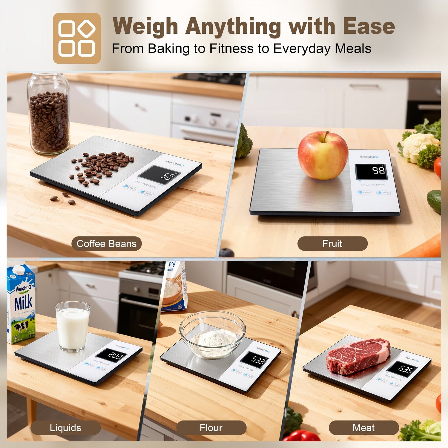 Digital kitchen scale being used for various measurements on a kitchen counter.