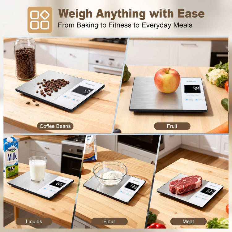 Digital kitchen scale being used for various measurements on a kitchen counter.