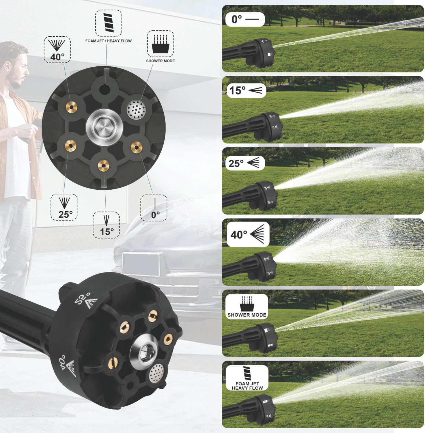 Sprinkler head with adjustable spray patterns and settings displayed on a white background.