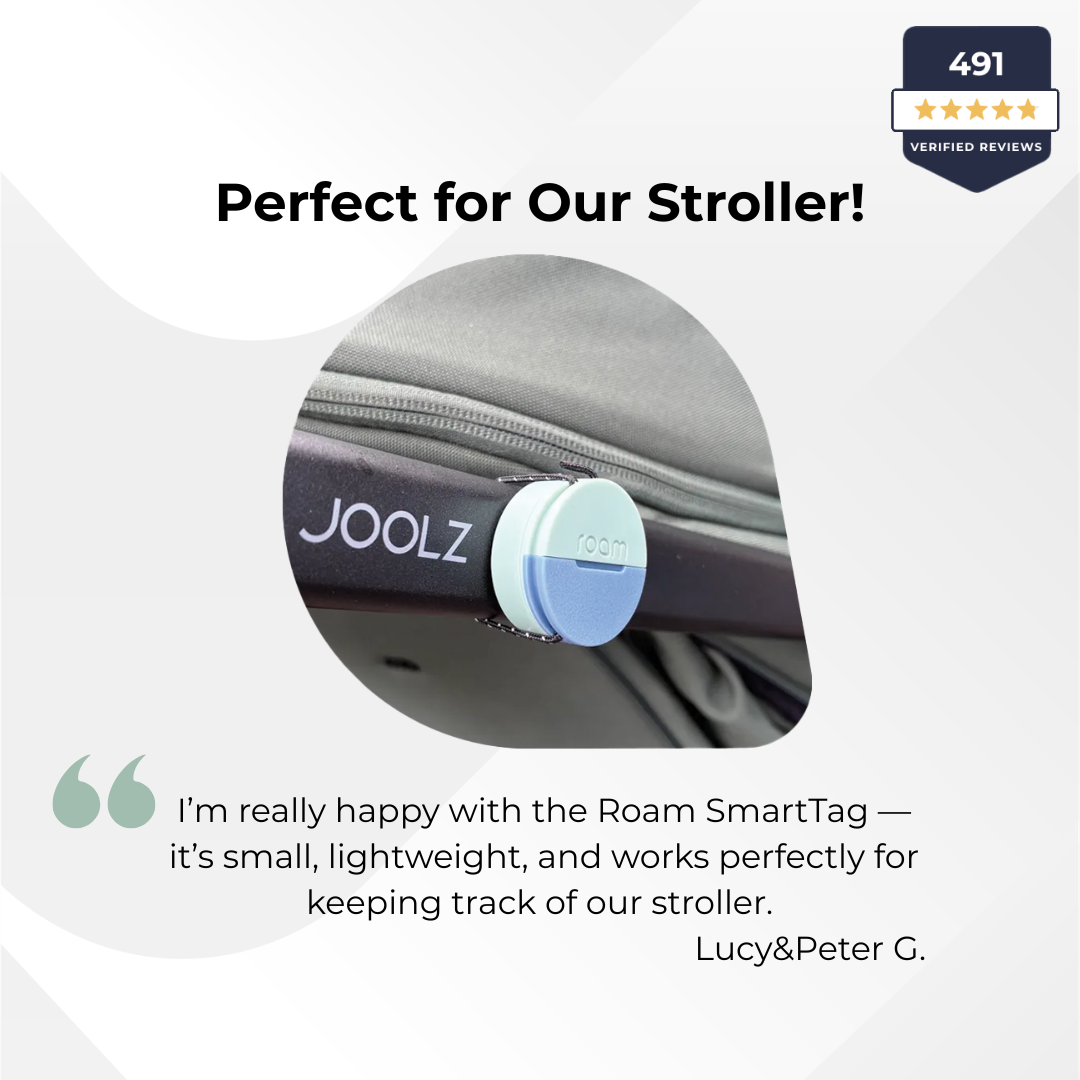 Joolz Roam SmartTag attached to a stroller with customer review text.
