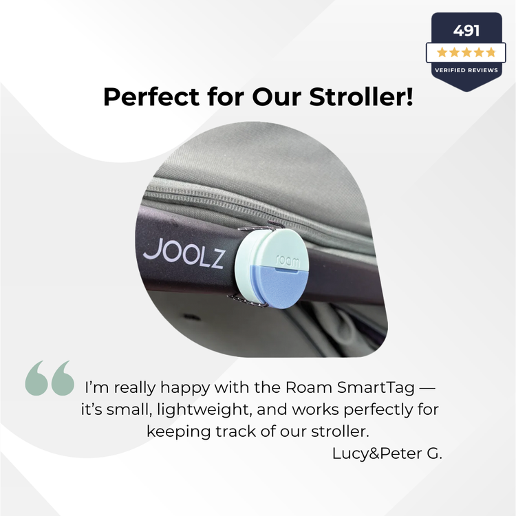 Joolz Roam SmartTag attached to a stroller with customer review text.