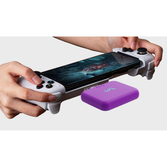 Five rectangular devices in blue, black, purple, and white on a white background