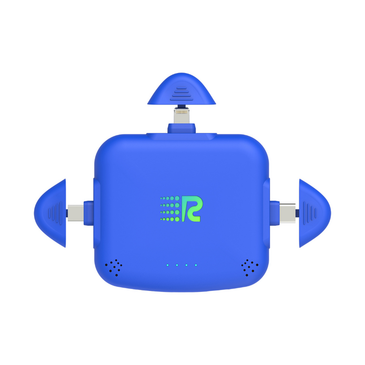 Blue electronic device with a green logo on a white background