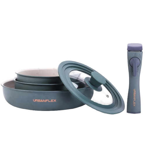 Set of gray cookware with a folding lid and flashlight on a white background, featuring the Urbanflex brand.