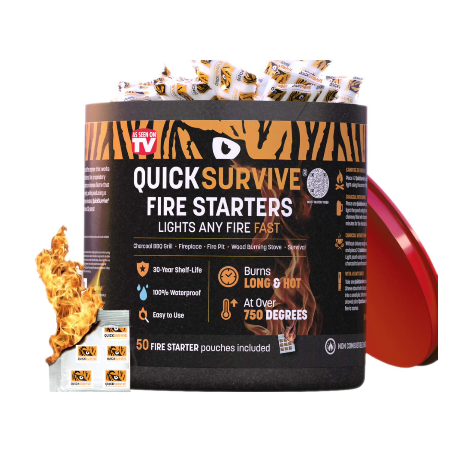 QuickSurvive fire starters packaging with branding and product details on a white background