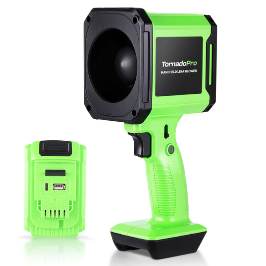 Green handheld leaf blower with battery pack on a blue background